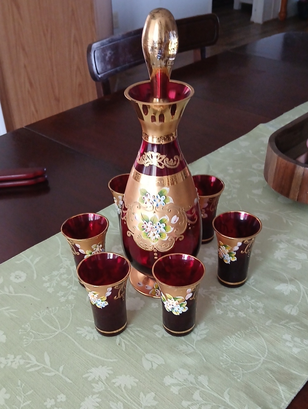 Hand-Painted Bohemian Ruby Red and Gold Glass Decanter Set